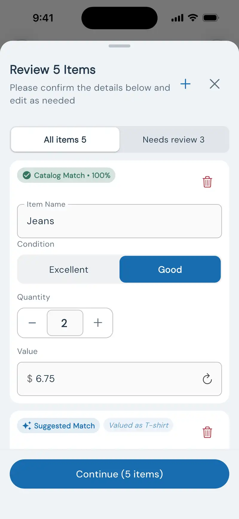 DeductAble AI assistant item review on iPhone: Jeans matched to the catalog at 100 percent with a $6.75 value, condition and quantity editable before saving