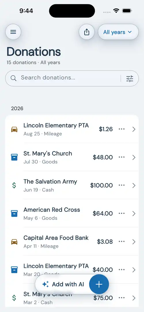 DeductAble on iPhone: 2026 donations to Lincoln Elementary PTA, St. Mary's Church, The Salvation Army, and American Red Cross grouped by year, with the Add with AI button