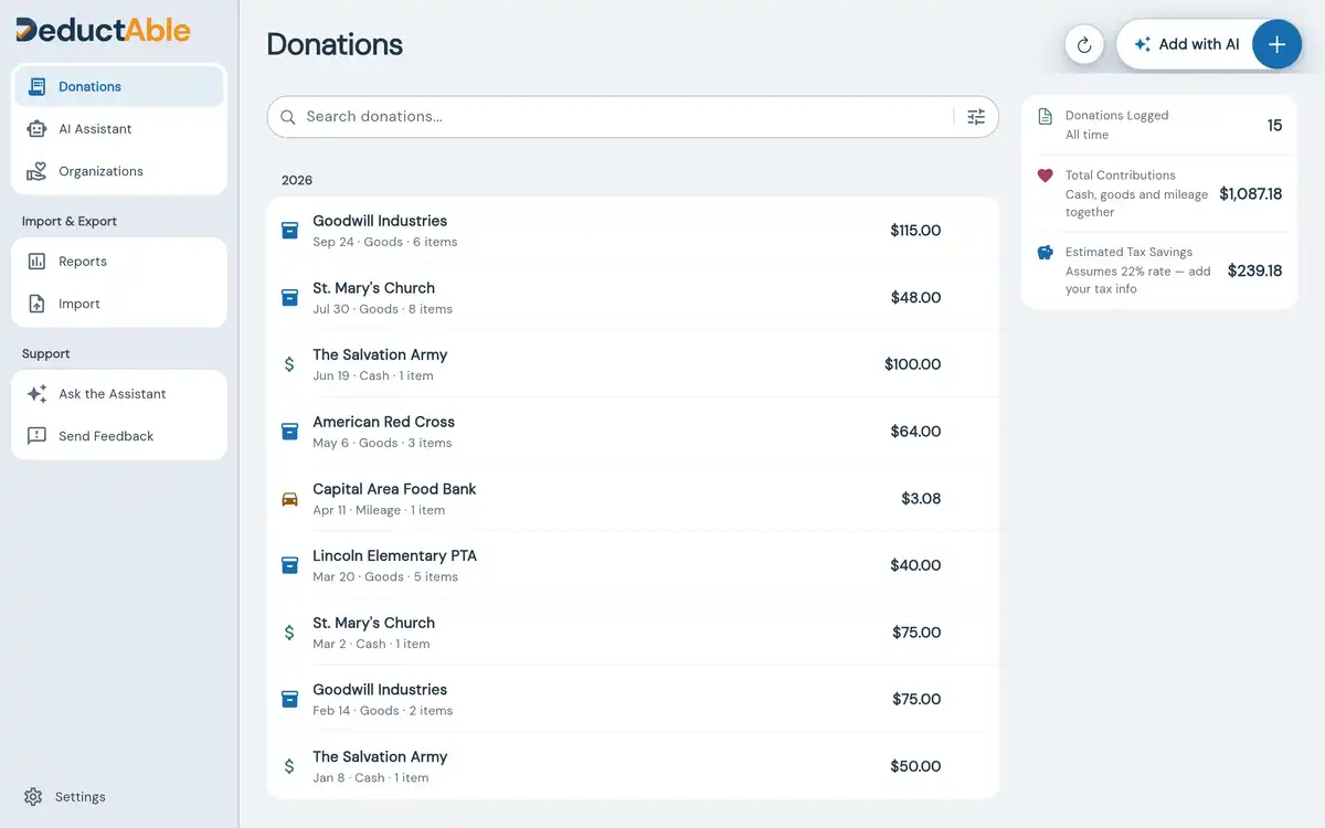 DeductAble in a desktop browser: the donation list with a totals column showing total contributions and estimated tax savings
