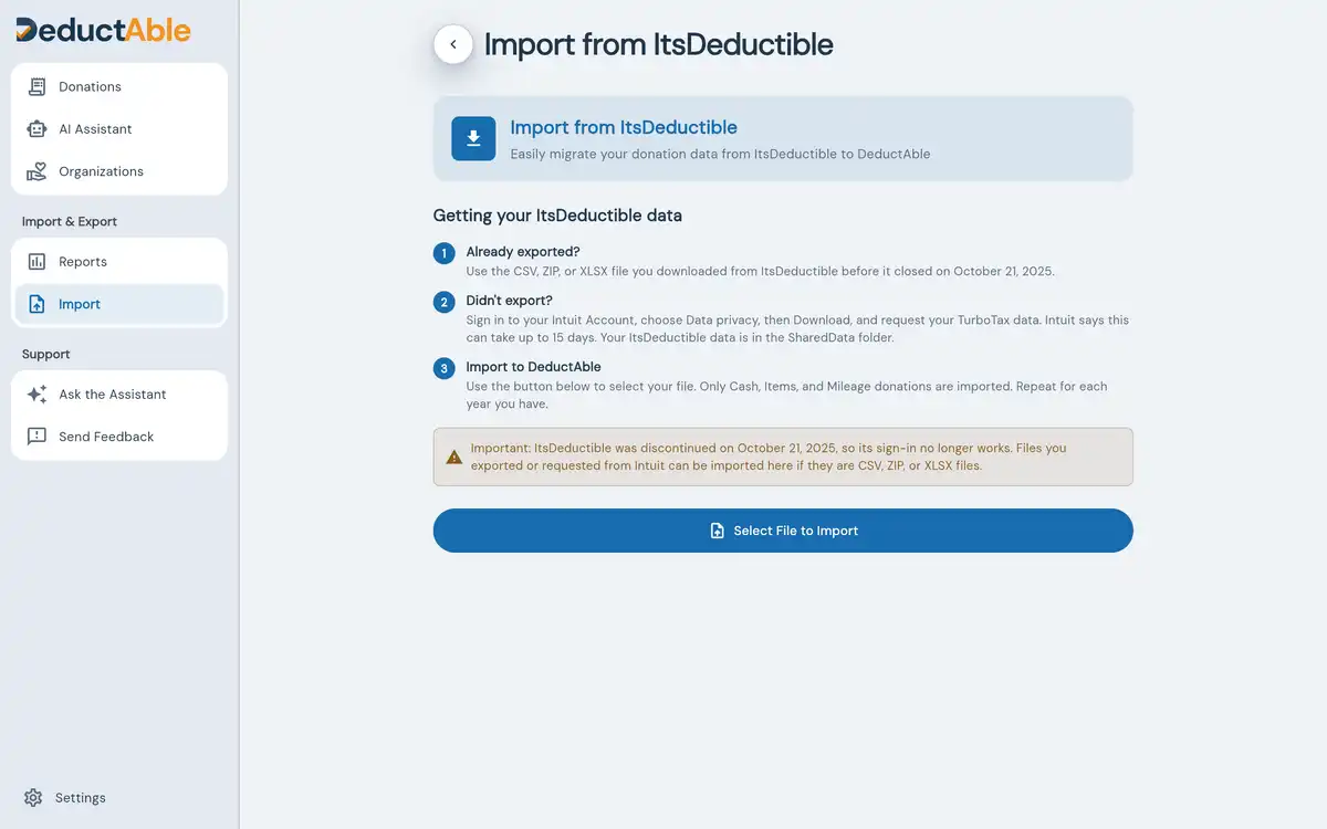 DeductAble Import from ItsDeductible page with steps for importing CSV, ZIP, or XLSX files exported from ItsDeductible