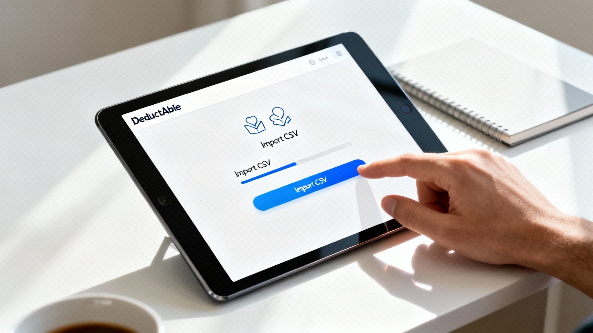 A user interface showing donation tracking software on a smartphone and tablet, representing DeductAble.