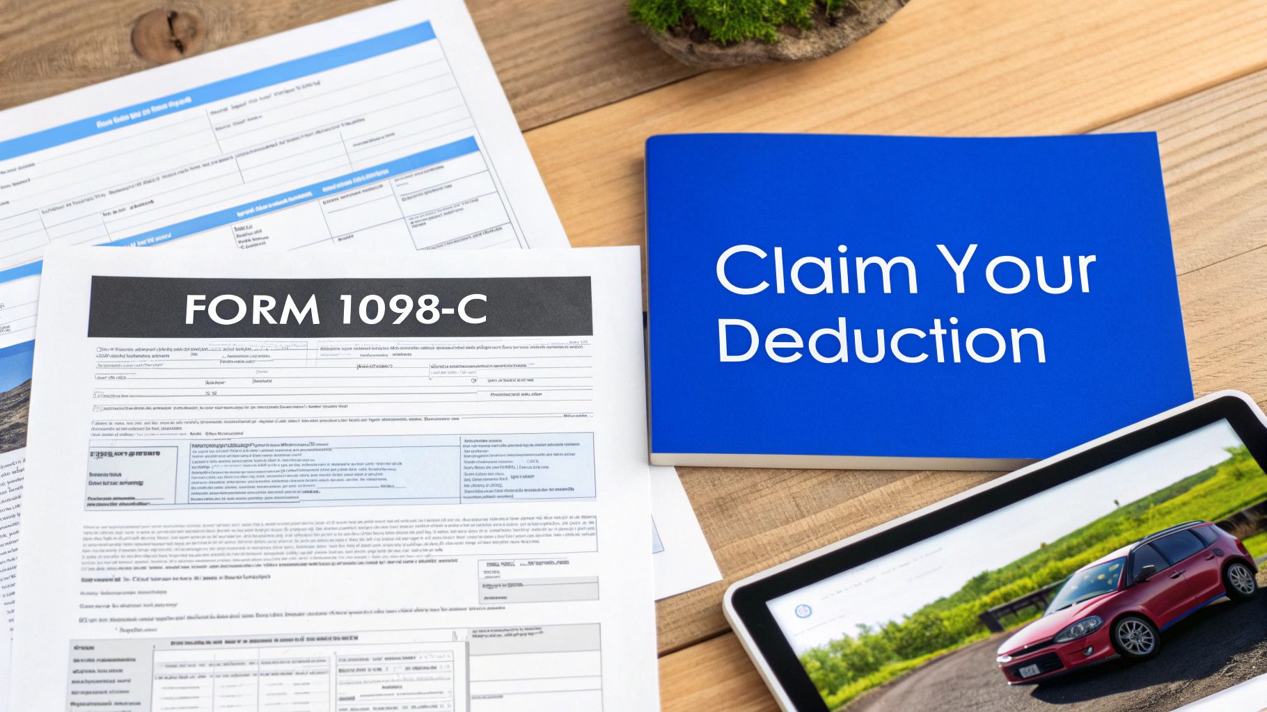 A person at a desk reviewing tax documents on a laptop, with a calculator and coffee nearby.