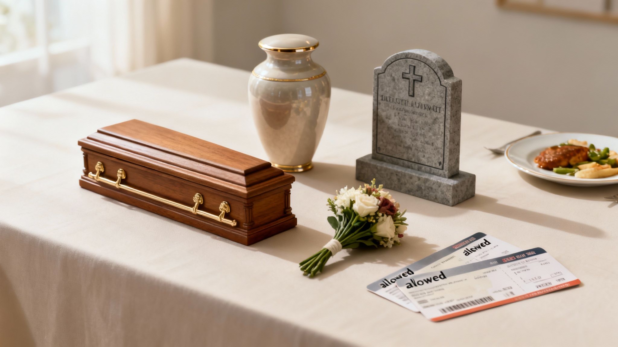 A funeral display with a miniature coffin, urn, tombstone, flowers, and travel tickets on a table.
