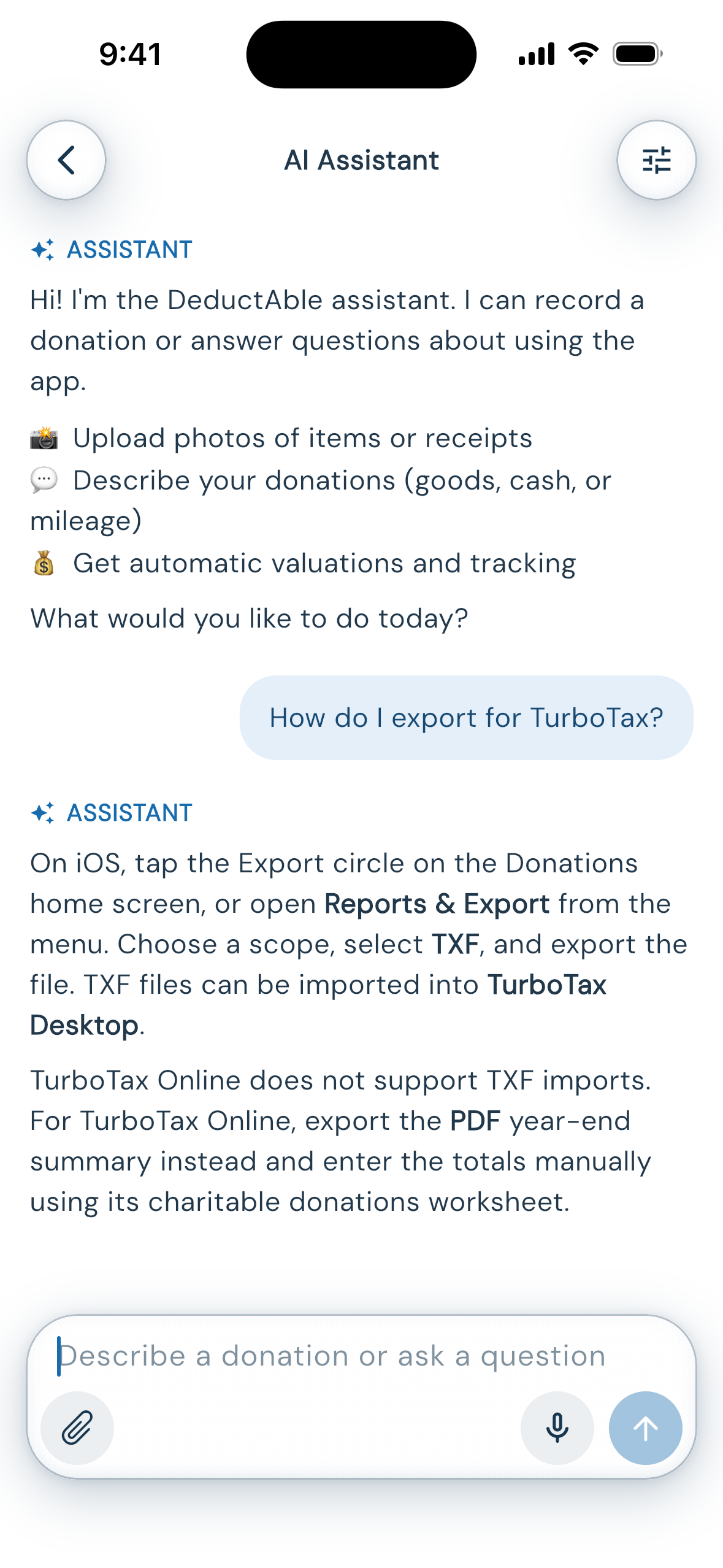 The DeductAble assistant on iPhone answering how to export for TurboTax, naming Reports and Export, the TXF format for TurboTax Desktop, and the PDF year-end summary for TurboTax Online