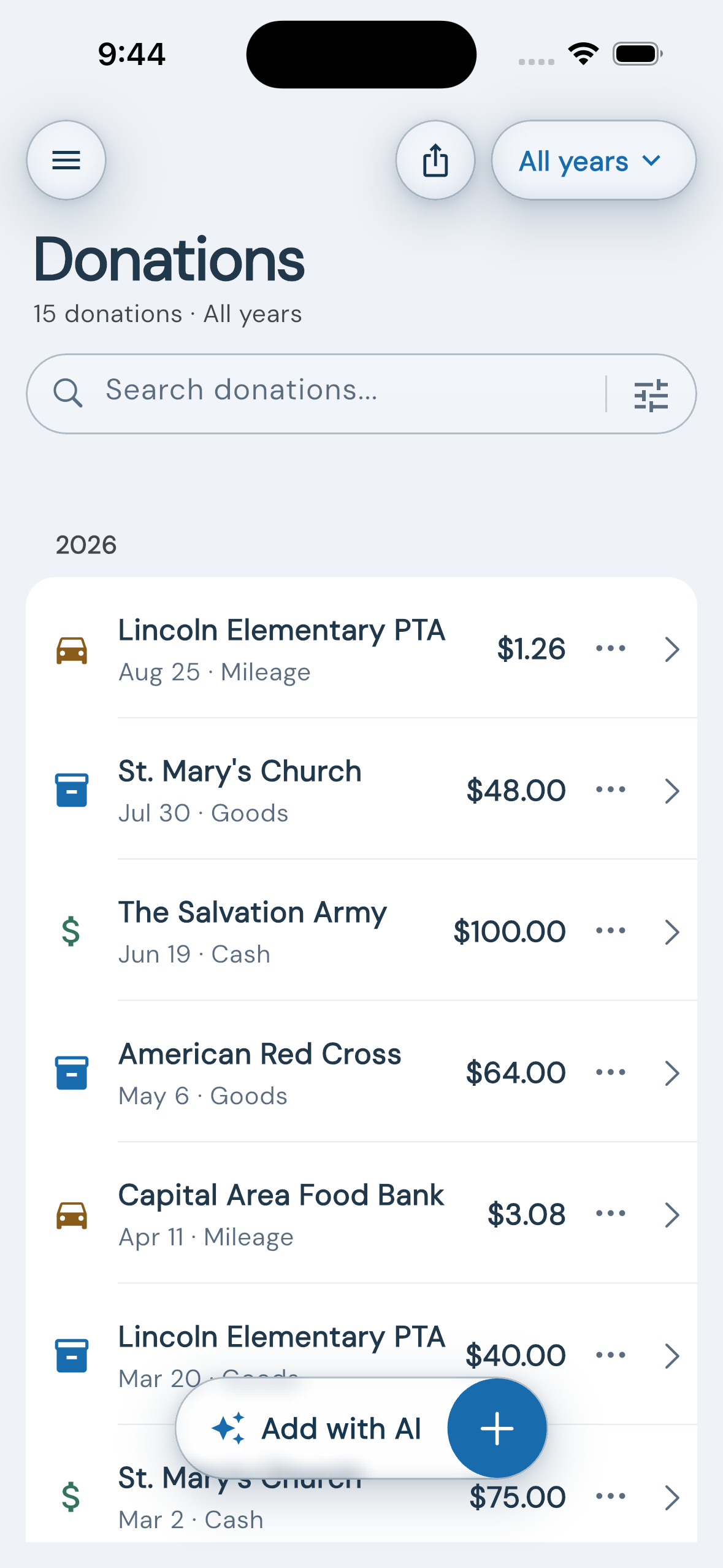 DeductAble 3.0 iPhone home screen showing 2026 donations to Lincoln Elementary PTA, St. Mary's Church, The Salvation Army, and American Red Cross grouped by year, with a floating Add with AI button
