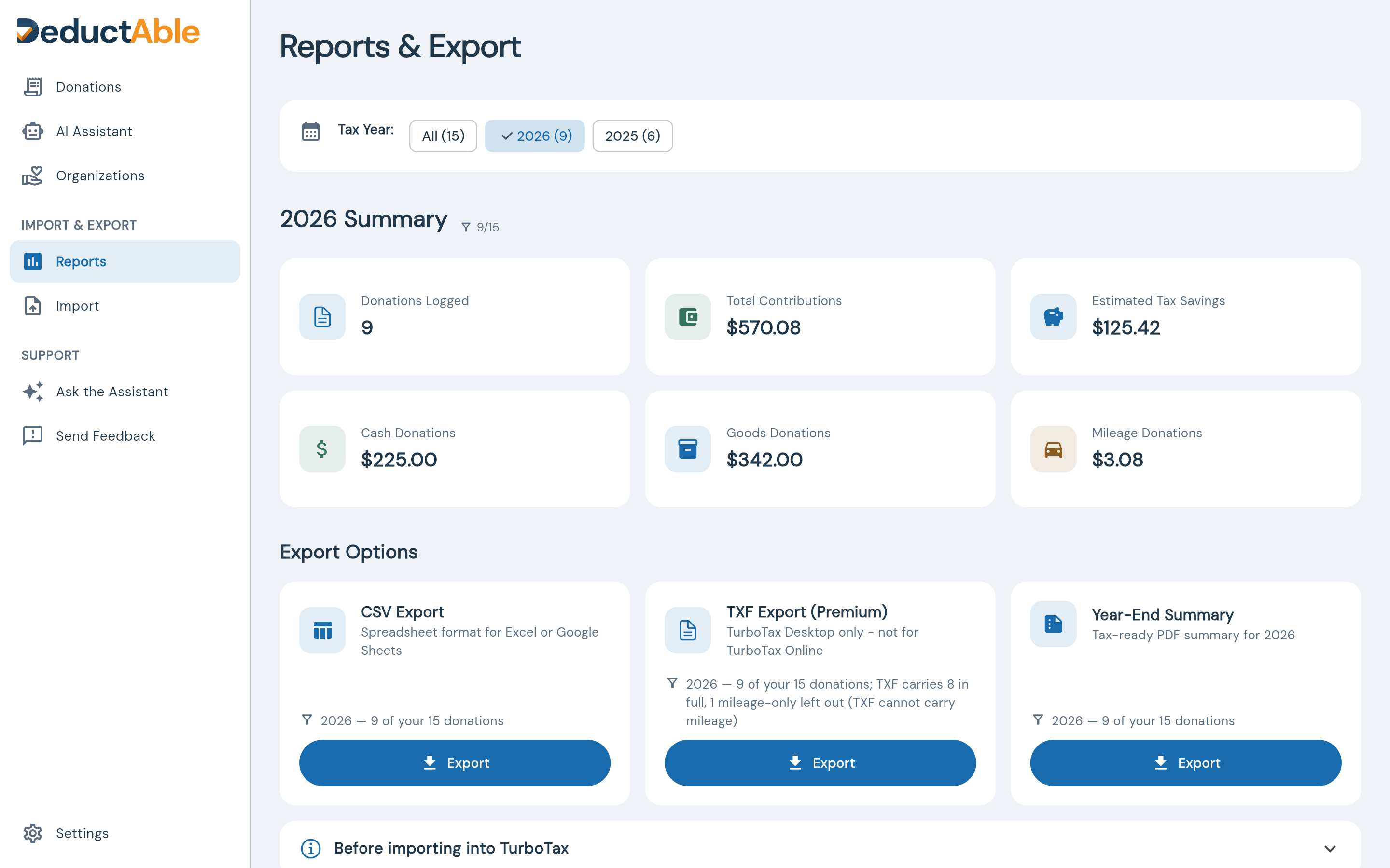 DeductAble 3.0 Reports and Export page with a 2026 tax-year summary and CSV, TXF for TurboTax Desktop, and year-end PDF summary exports, each showing its donation count