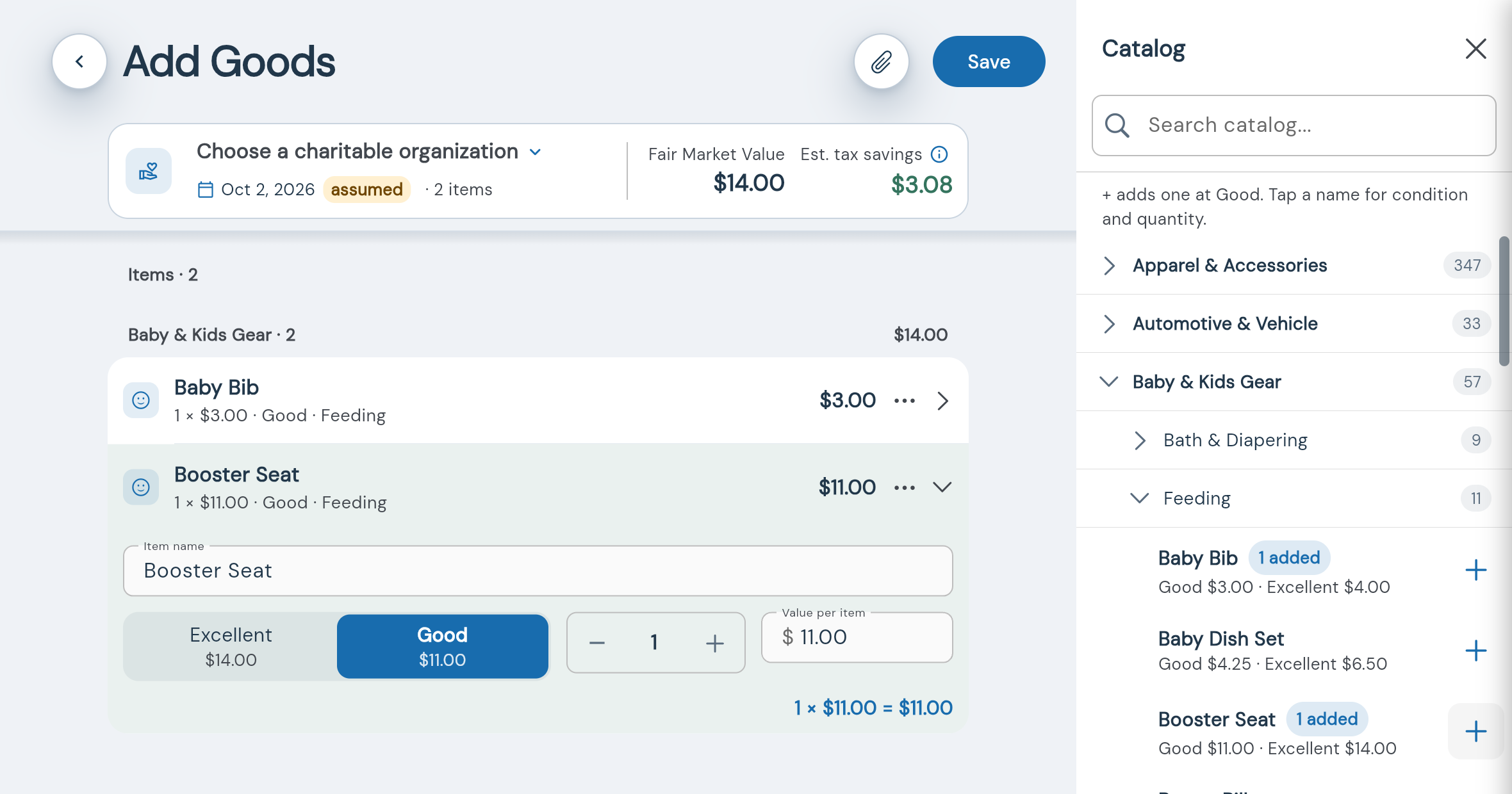 DeductAble 3.0 goods form with two items added: Baby Bib at $3.00 and Booster Seat at $11.00 grouped under Baby & Kids Gear, the Booster Seat row expanded to show an Excellent $14.00 and Good $11.00 toggle with quantity and value, a pinned $14.00 total, and the catalog open beside it showing Good and Excellent values and 1 added badges